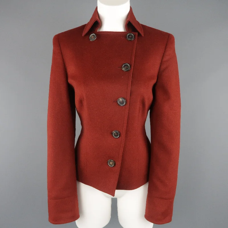 AKRIS Size 10 Burgundy Double Breasted Collared Wool / Angora Jacket Print Jacket Jacquard Jacket Patchwork Jacket AKRIS Size 10 Burgundy Double Breasted Collared Wool / Angora Jacket Print Jacket Jacquard Jacket Patchwork Jacket
