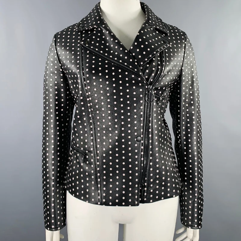 AKRIS Size 14 Black White Leather Polka Dot Lambskin Biker Jacket Fitted Jacket Loose Jacket Oversized Jacket AKRIS Size 14 Black White Leather Polka Dot Lambskin Biker Jacket Fitted Jacket Loose Jacket Oversized Jacket