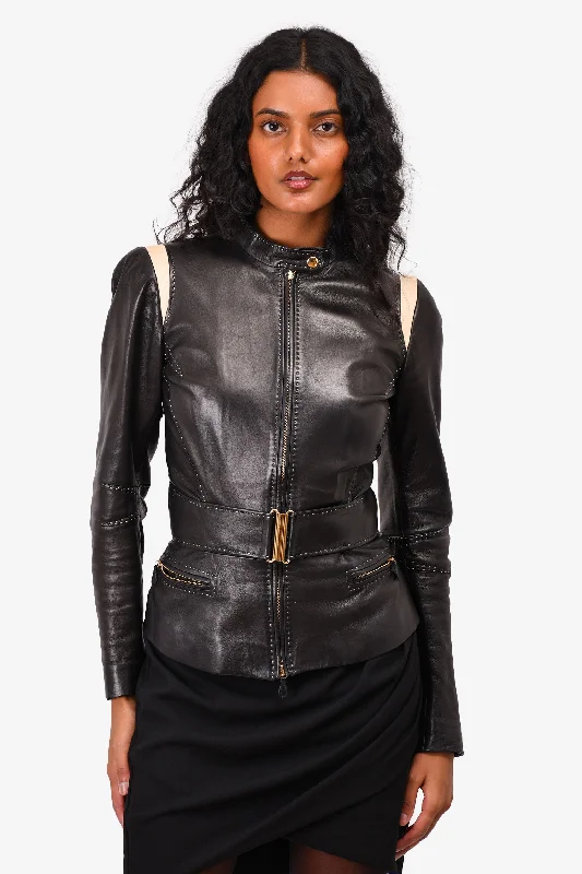 Alexander McQueen Black/Cream Leather Stitch Detail Jacket Size 40 Collared Jacket Crew Neck Jacket Turtle Neck Jacket Alexander McQueen Black/Cream Leather Stitch Detail Jacket Size 40 Collared Jacket Crew Neck Jacket Turtle Neck Jacket