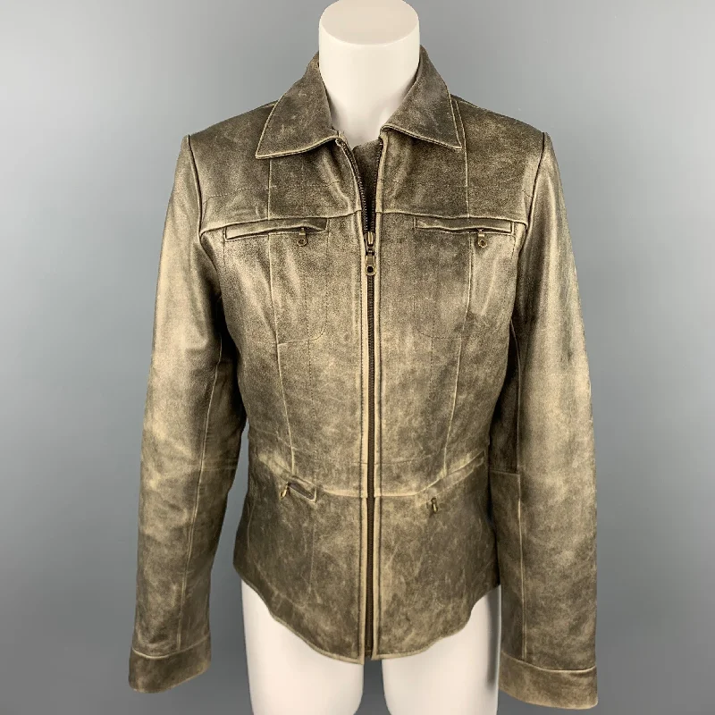 ALFANI Size M Taupe Distressed Leather Zipper Pockets Jacket Mesh Jacket Canvas Jacket Denim Jacket