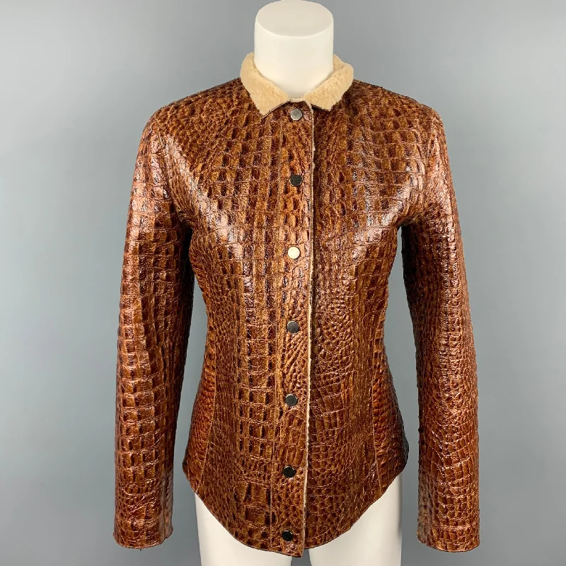 ARMANI COLLEZIONI Size 6 Brown Embossed Leather Jacket Jersey Jacket Tulle Jacket Batik Jacket