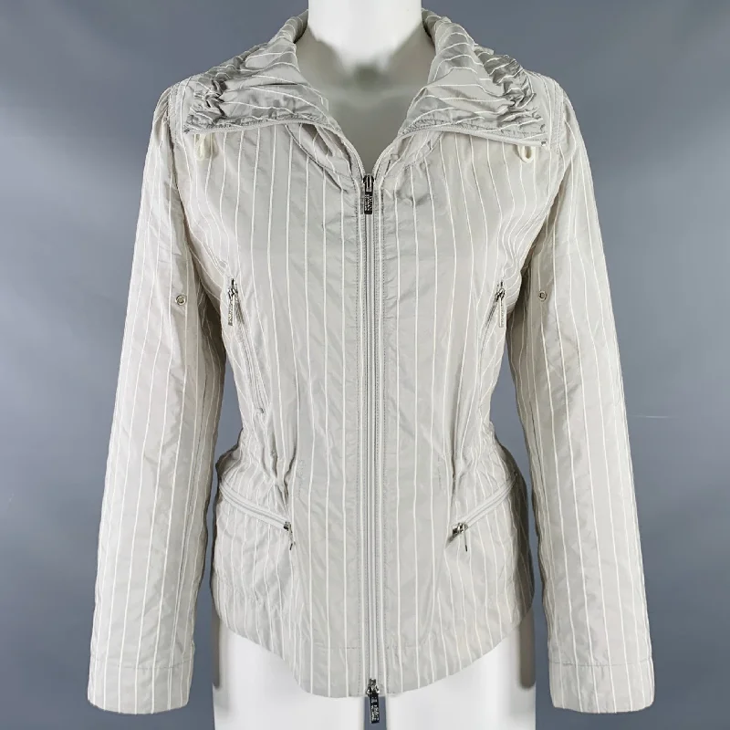 ARMANI COLLEZIONI Size 6 Grey White Polyester Blend Stripe Jacket Wool Jacket Cashmere Jacket Tweed Jacket ARMANI COLLEZIONI Size 6 Grey White Polyester Blend Stripe Jacket Wool Jacket Cashmere Jacket Tweed Jacket