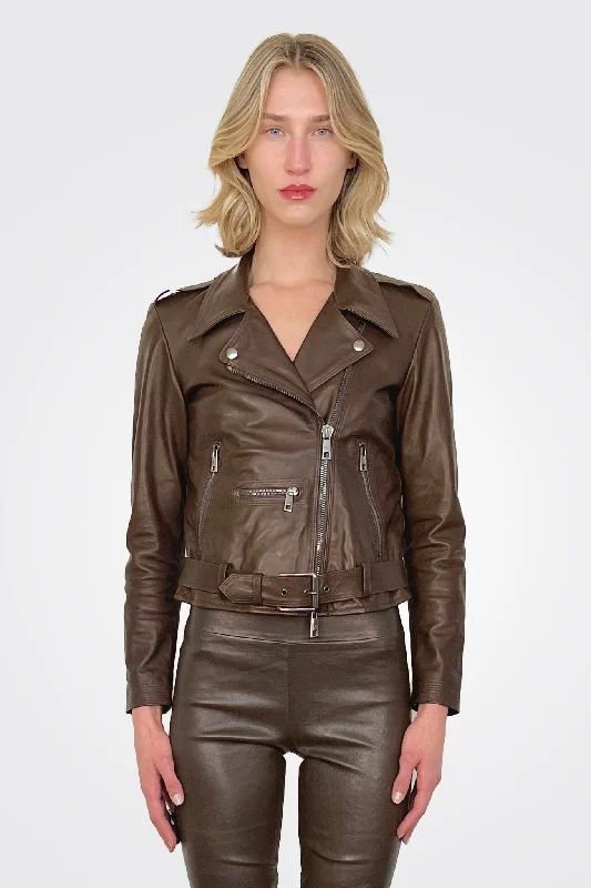 Asym Moto Leather Jacket - Mud Brown Jersey Jacket Tulle Jacket Batik Jacket