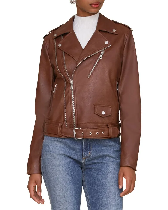 Avec Les Filles Belted Moto Jacket Boat Neck Shawl Collar Notched Collar