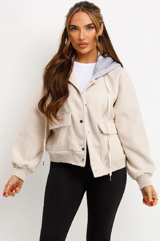 Bomber Baseball Jacket With Hood Beige Boat Neck Shawl Collar Notched Collar