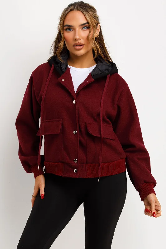 Bomber Baseball Jacket With Hood Burgundy Front Pockets Side Pockets Patch Pockets