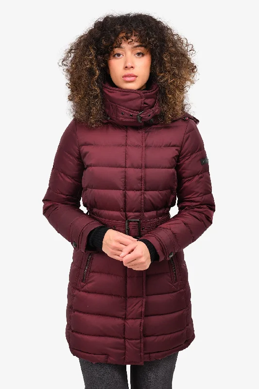 Burberry Brit Burgundy Puffer Down Jacket with Belt Size XS Cotton Jacket Linen Jacket Terry Jacket