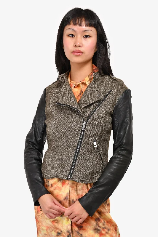 Burberry Brit Grey/Black Leather Sleeved Cropped Biker Jacket Size 2 US Knit Jacket Woven Jacket Fleece Jacket Burberry Brit Grey/Black Leather Sleeved Cropped Biker Jacket Size 2 US Knit Jacket Woven Jacket Fleece Jacket