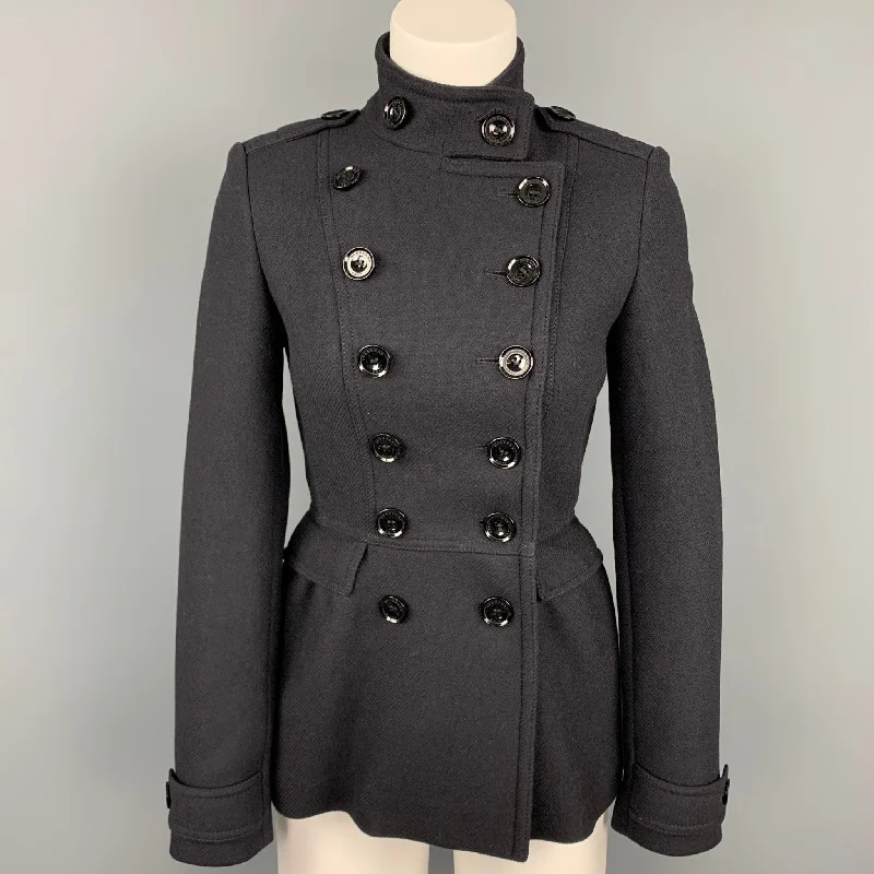 BURBERRY BRIT Size 2 Black Wool /  Polyamide Double Breasted Jacket Notch Collar Peter Pan Collar Cowl Neck