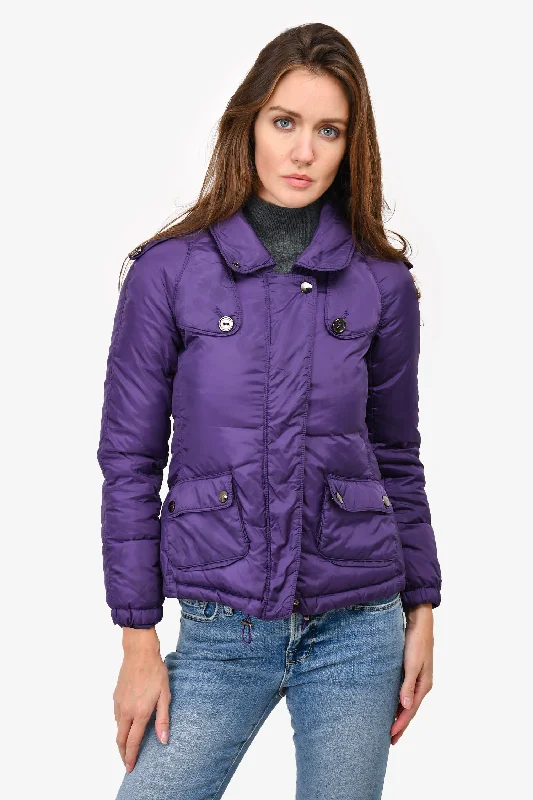 Burberry Purple Nylon Down Puffer Jacket With Hood Size 2 US Zippered Front Buttoned Front Snap Front