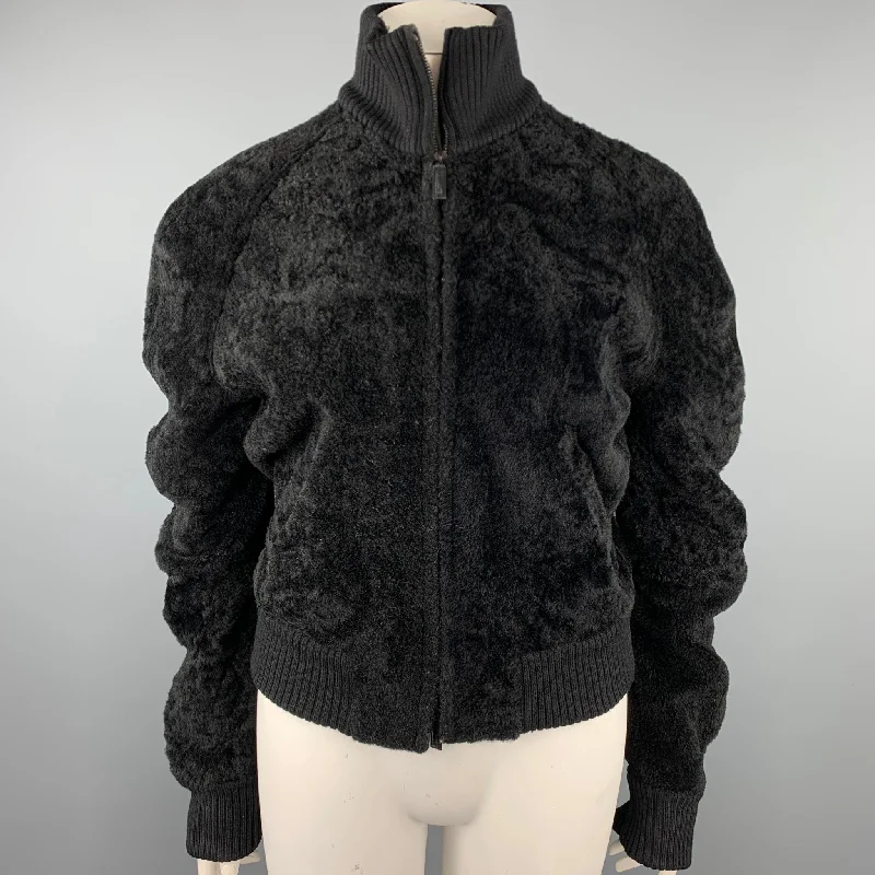 CALVIN KLEIN Size 8 Black Textured Shearling Zip Up Jacket Chenille Jacket Brocade Jacket Lace Jacket