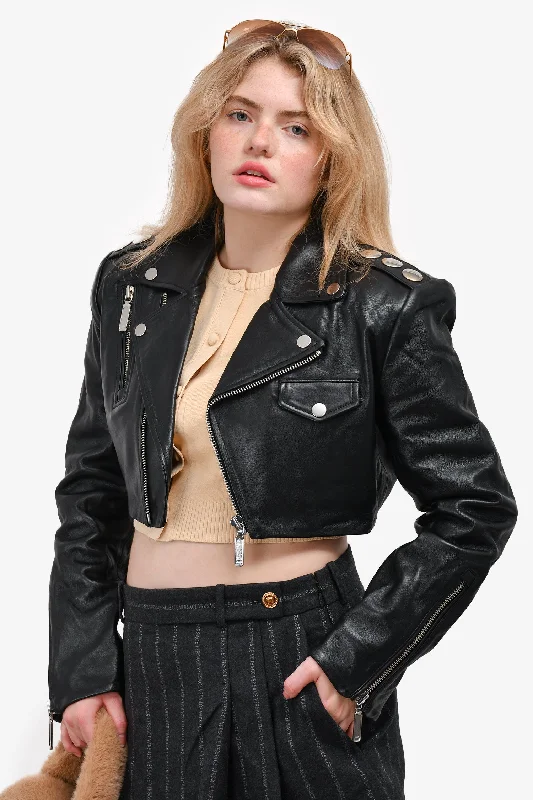 Camila Coelho Black Leather Studded Cropped 'Rowan' Jacket Size M A-Line Jacket Boat Neck Shawl Collar Camila Coelho Black Leather Studded Cropped 'Rowan' Jacket Size M A-Line Jacket Boat Neck Shawl Collar