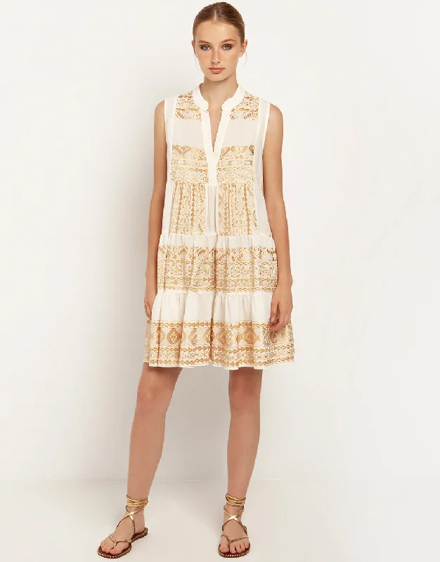 Classic Triangle Sleeveless Mini Dress - Natural and Gold Comfortable Boho Mini Dress