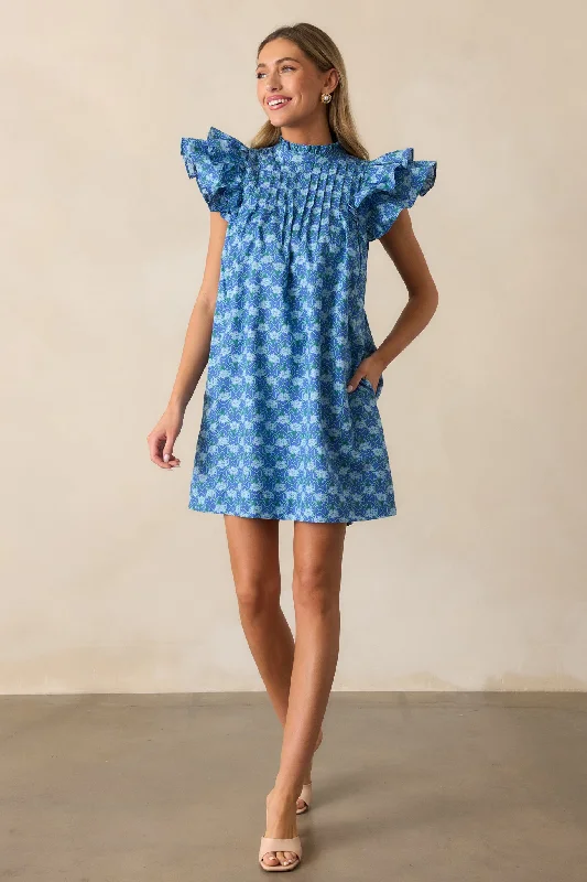 Daisy Drift 100% Cotton Navy Floral Flutter Sleeve Mini Dress Trendy A-Line Mini Dress