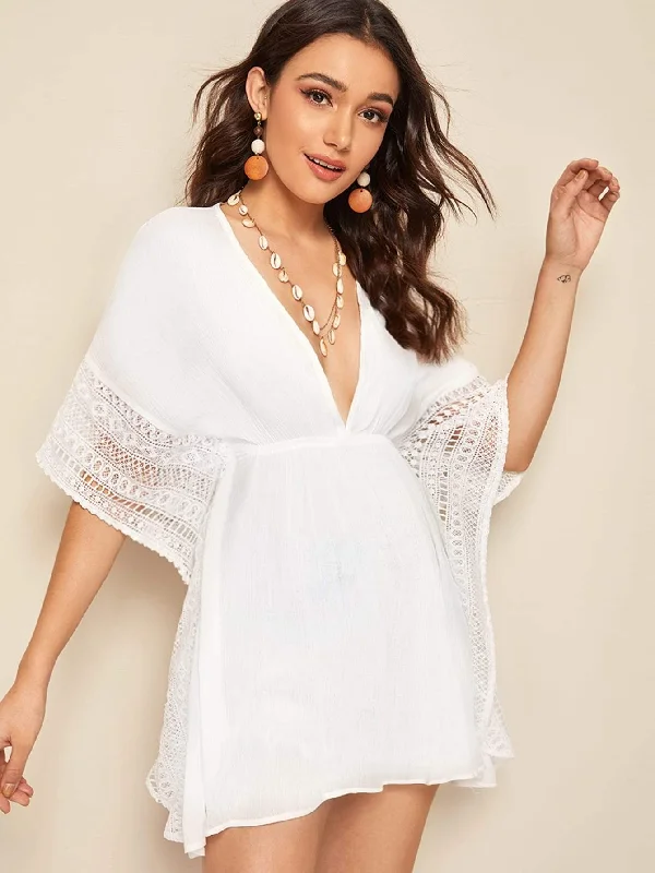 Deep V Neck Lace Trim Mini Dress Fashionable A-Line Mini Dress