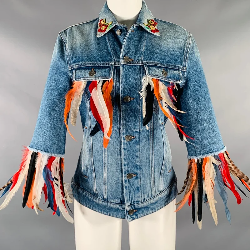 DOLCE & GABBANA Size XS Blue Multi-Color Cotton Feathers Denim Jacket Hooded Jacket Caped Jacket Shawl Collar Jacket DOLCE & GABBANA Size XS Blue Multi-Color Cotton Feathers Denim Jacket Hooded Jacket Caped Jacket Shawl Collar Jacket