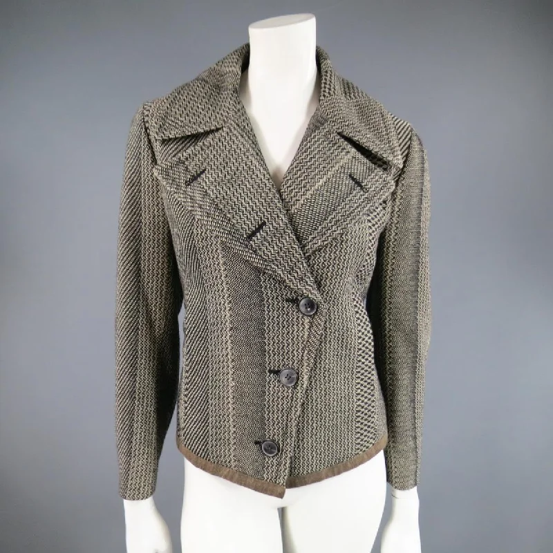 DRIES VAN NOTEN Size 8 Beige & Black Print Wool Pointed Lapel Jacket Welt Pockets Slit Pockets Flap Pockets DRIES VAN NOTEN Size 8 Beige & Black Print Wool Pointed Lapel Jacket Welt Pockets Slit Pockets Flap Pockets