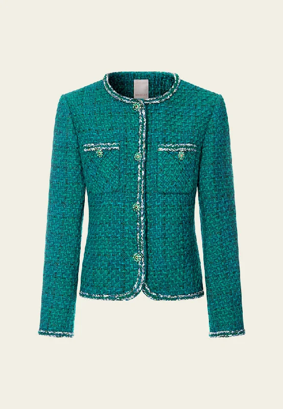 Emerald Contrasting-trim Tweed Jacket Denim Fabric Leather Fabric Suede Fabric