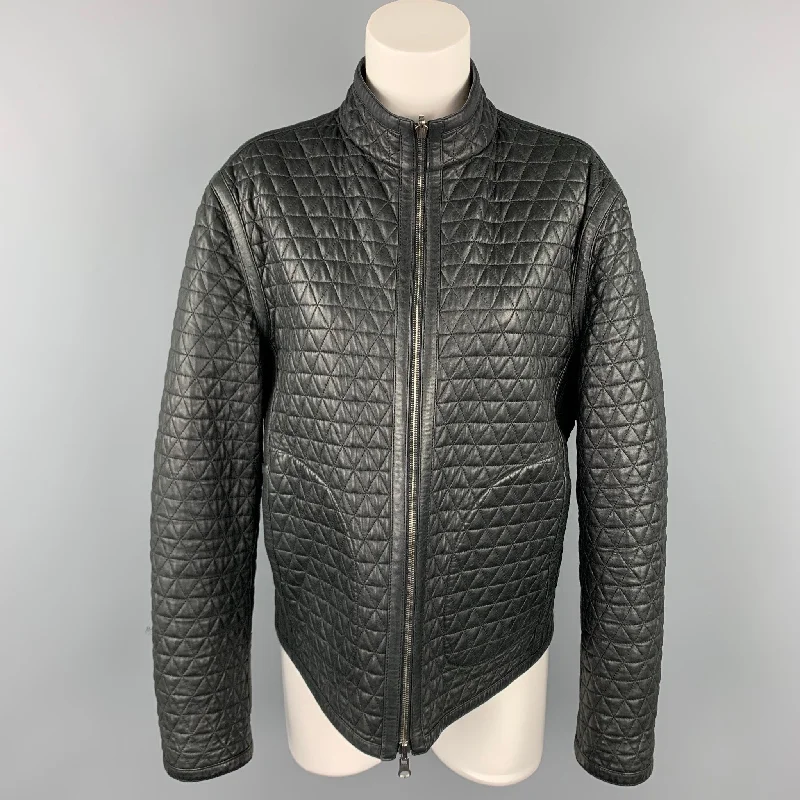 EMPORIO ARMANI Size M Black Leather Reversible Jacket Collared Jacket Crew Neck Jacket Turtle Neck Jacket