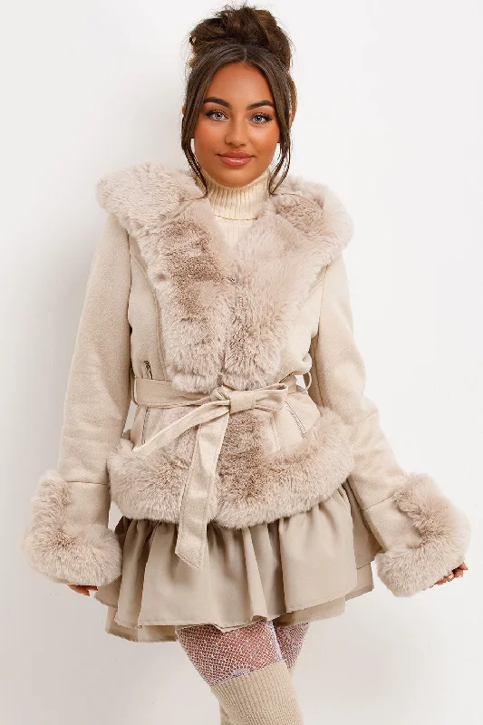 Faux Fur Faux Suede Jacket With Belt Beige Notch Collar Jacket Peter Pan Collar Jacket Cowl Neck Jacket