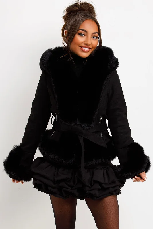 Faux Fur Faux Suede Jacket With Belt Black Tiered Jacket Buttoned Jacket Zippered Jacket