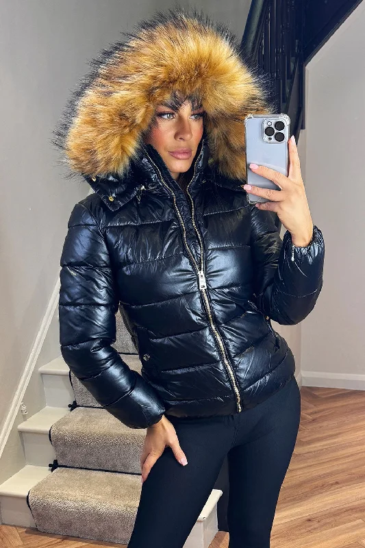 Faux Fur Hood Puffer Jacket Black V-Neck Jacket Boat Neck Jacket Square Neck Jacket