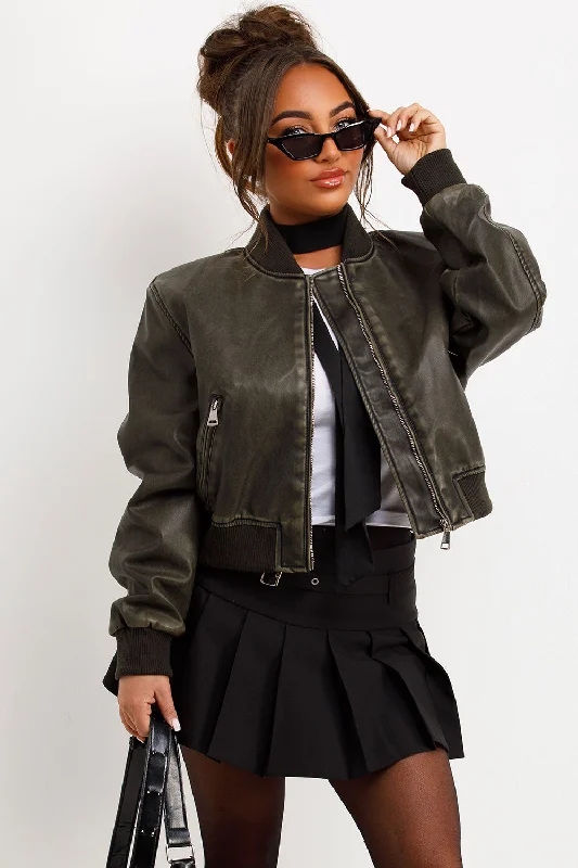 Faux Leather Jacket Bomber Style Charcoal Welt Pockets Slit Pockets Flap Pockets