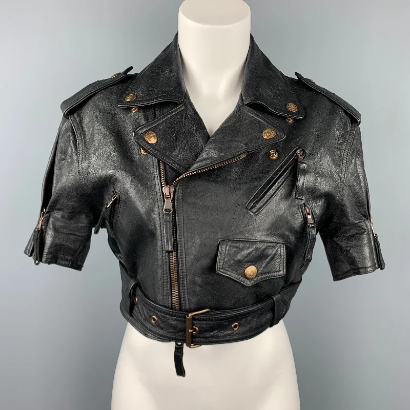 GAULTIER2 by JEAN PAUL GAULTIER Size 8 Black Leather Cropped Motorcycle Jacket Fleece Jacket Down Jacket Parka