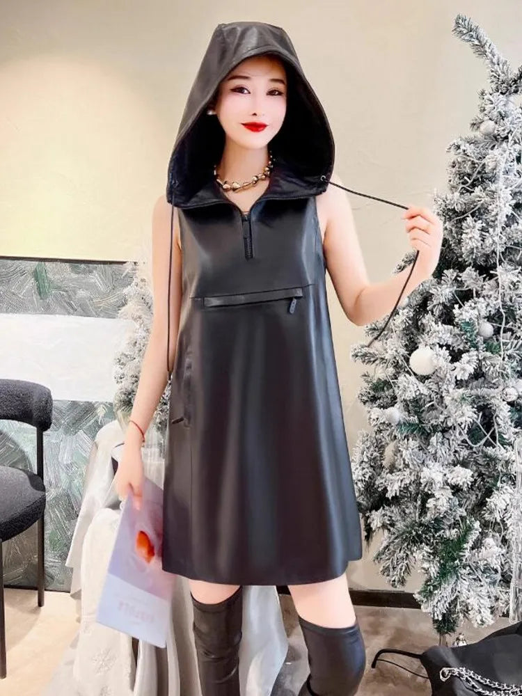 Genuine Leather Sleeveless Hooded Mini Dress Fashionable Polka Dot Mini Dress