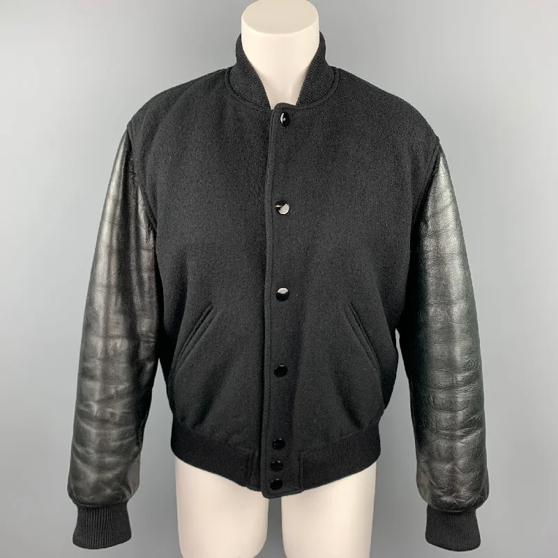 GIVENCHY Size 6 / FR 38  Black Wool Lamb Skin Bomber Jacket Denim Jacket Leather Jacket Suede Jacket