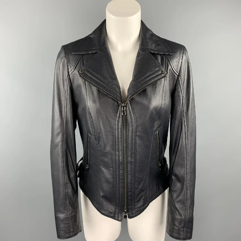 GIZIA Size 4 Navy Leather Zip Fly Motorcycle Jacket Stand-Up Collar Roll-Neck Collar Turtle Neck GIZIA Size 4 Navy Leather Zip Fly Motorcycle Jacket Stand-Up Collar Roll-Neck Collar Turtle Neck