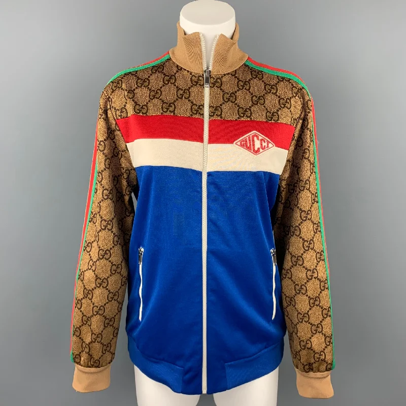 GUCCI Pre-Fall 2018 Size S Blue & Multi-Color Polyester / Cotton Zip Up GG Technical Jersey Jacket Toggled Jacket Drawstring Jacket Belted Jacket