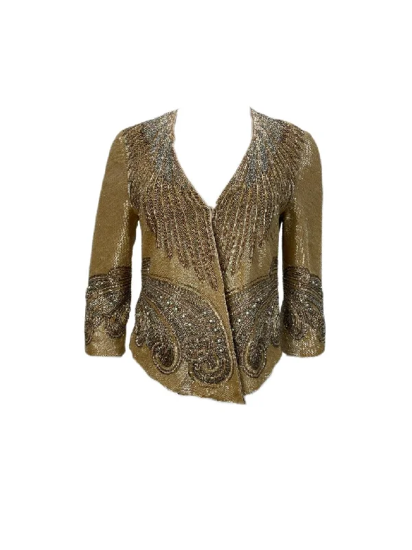 HAUTE HIPPIE Women's Gold V-Neck Jacket #9045 NWT Ribbed Jacket Pleated Jacket Ruffled Jacket HAUTE HIPPIE Women's Gold V-Neck Jacket #9045 NWT Ribbed Jacket Pleated Jacket Ruffled Jacket