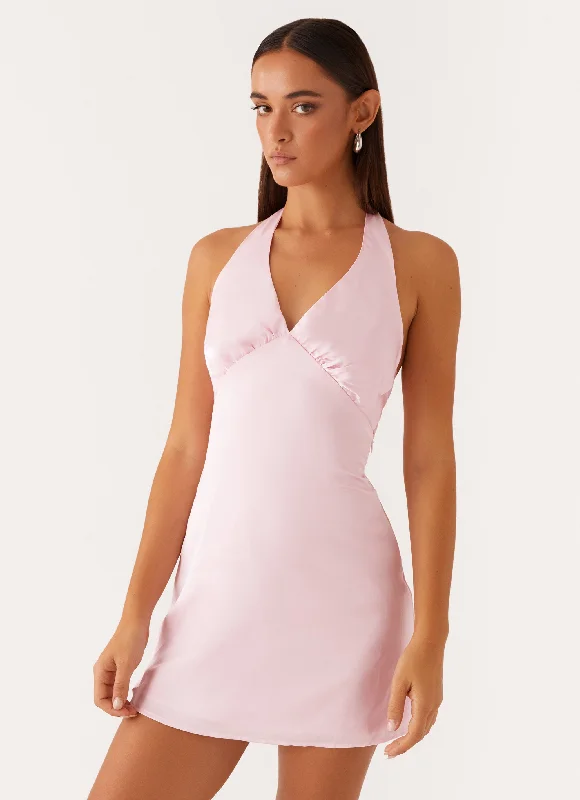 Heavy Hearted Mini Dress - Pink Cozy Satin Mini Dress