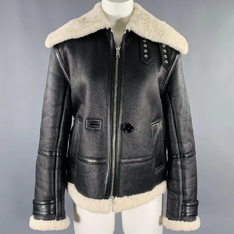 HELMUT LANG Size XS Black Cream Lambskin Leather Shearling Bomber Jacket Chenille Jacket Brocade Jacket Lace Jacket HELMUT LANG Size XS Black Cream Lambskin Leather Shearling Bomber Jacket Chenille Jacket Brocade Jacket Lace Jacket