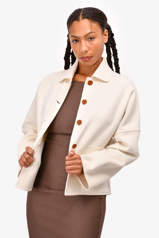 Hermès Cream Double Cashmere Button Down Collared Jacket Size 38 A-Line Jacket Boat Neck Shawl Collar Hermès Cream Double Cashmere Button Down Collared Jacket Size 38 A-Line Jacket Boat Neck Shawl Collar