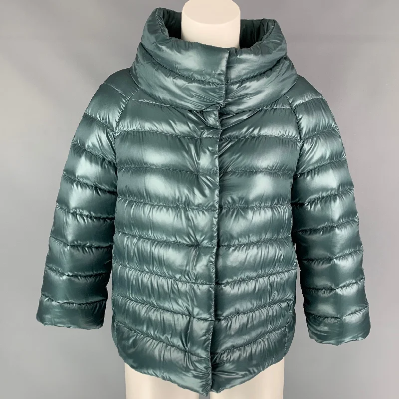 HERNO Size 6 Sea Foam Quilted Nylon Sofia Jacket Ribbed Jacket Pleated Jacket Ruffled Jacket