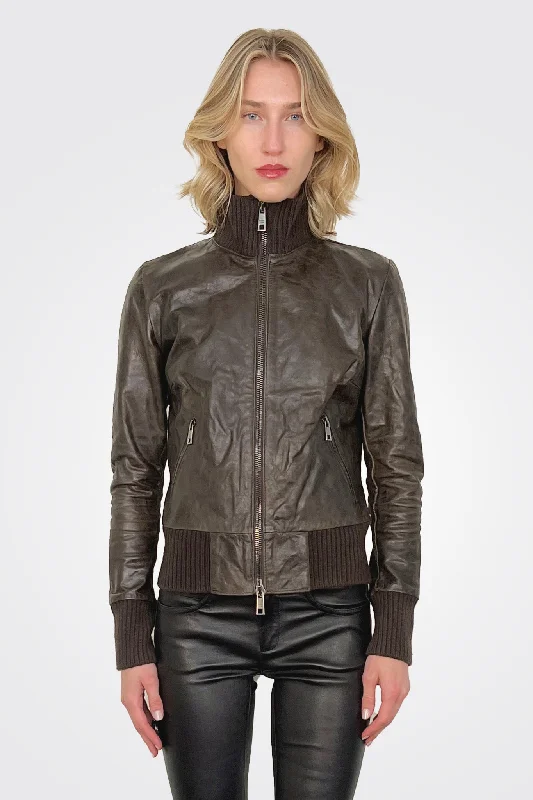 High Neck Bomber Leather Jacket - Box Notch Collar Peter Pan Collar Cowl Neck