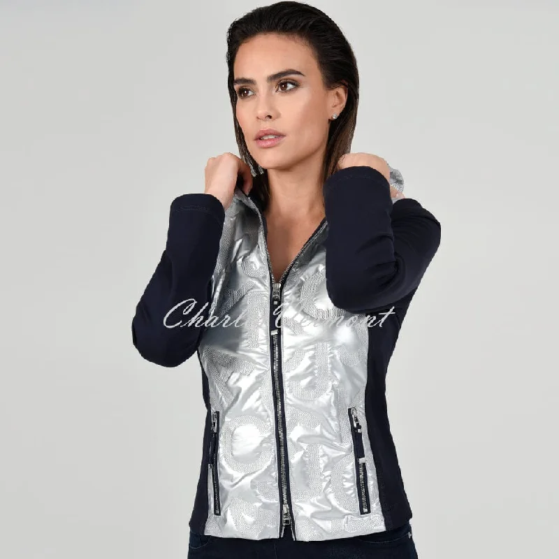 I'cona Embossed Letter Print Jacket With Hood- Style 67138-60139-91 (Navy / Silver) Tailored Jacket Straight Jacket A-Line Jacket