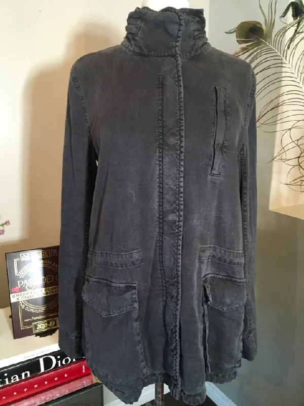 James Perse Size 2 Off Black Distressed Cotton Jacket Bomber Jacket Anorak Windbreaker