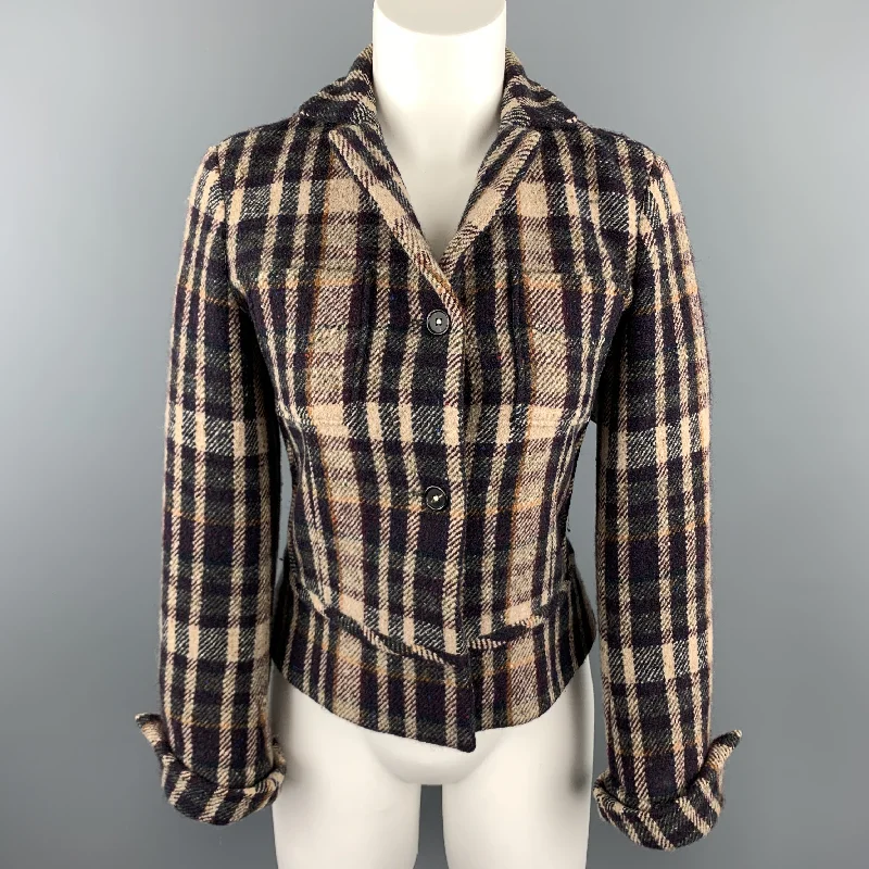 JIL SANDER Size 6 Beige & Navy Plaid Cropped Jacket Ribbed Jacket Pleated Jacket Ruffled Jacket JIL SANDER Size 6 Beige & Navy Plaid Cropped Jacket Ribbed Jacket Pleated Jacket Ruffled Jacket