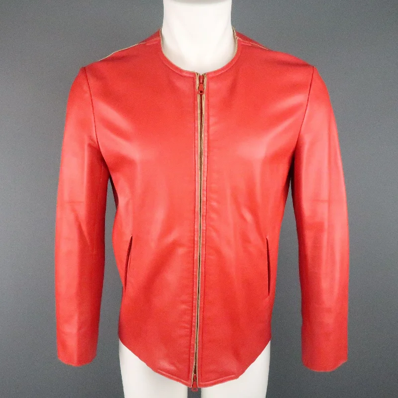 JIL SANDER Size L Red Raw Edge Leather Collarless Zip Jacket Insulated Jacket Fitted Jacket Loose Jacket JIL SANDER Size L Red Raw Edge Leather Collarless Zip Jacket Insulated Jacket Fitted Jacket Loose Jacket
