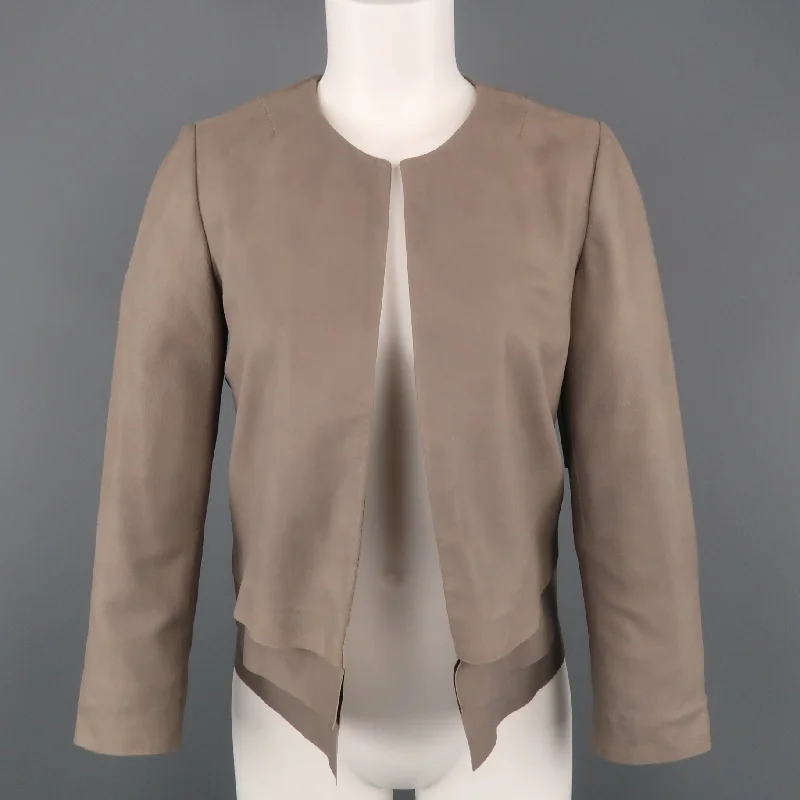 JOIE Size XS Taupe Gray Leather Collarless Open Jacket Satin Jacket Silk Jacket Chiffon Jacket JOIE Size XS Taupe Gray Leather Collarless Open Jacket Satin Jacket Silk Jacket Chiffon Jacket