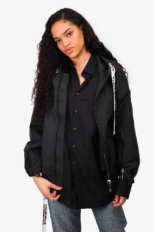 Khrisjoy Black Oversized Windbreaker Jacket with Logo Drawstrings Insulated Jacket Fitted Jacket Loose Jacket