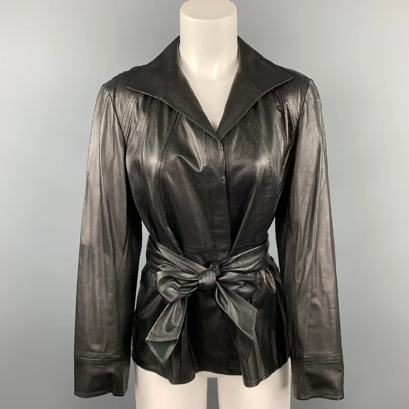 LAFAYETTE 148 Size 10 Black Leather Belted Hidden Button Jacket Rayon Jacket Velvet Jacket Corduroy Jacket