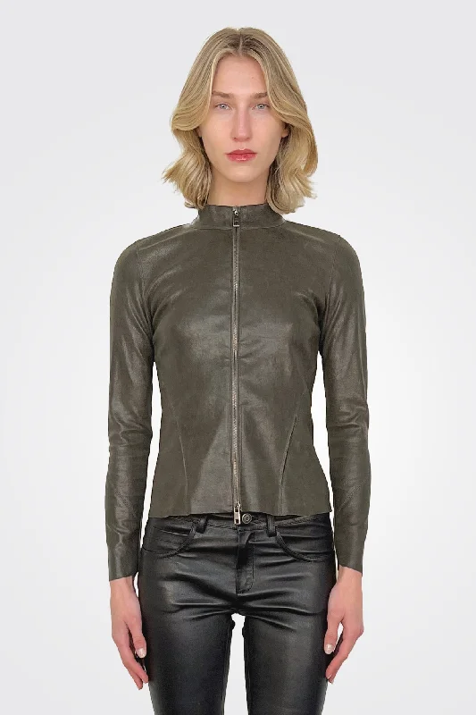 Leather Zip Jacket - Dust Collared Jacket Crew Neck Jacket Turtle Neck Jacket