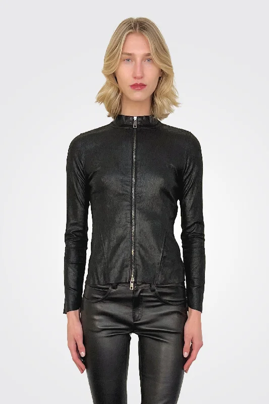 Leather Zip Jacket - Nero Wool Fabric Cashmere Fabric Tweed Fabric