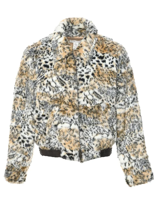 Leopard Print Faux Fur Jacket - L Insulated Jacket Fitted Jacket Loose Jacket