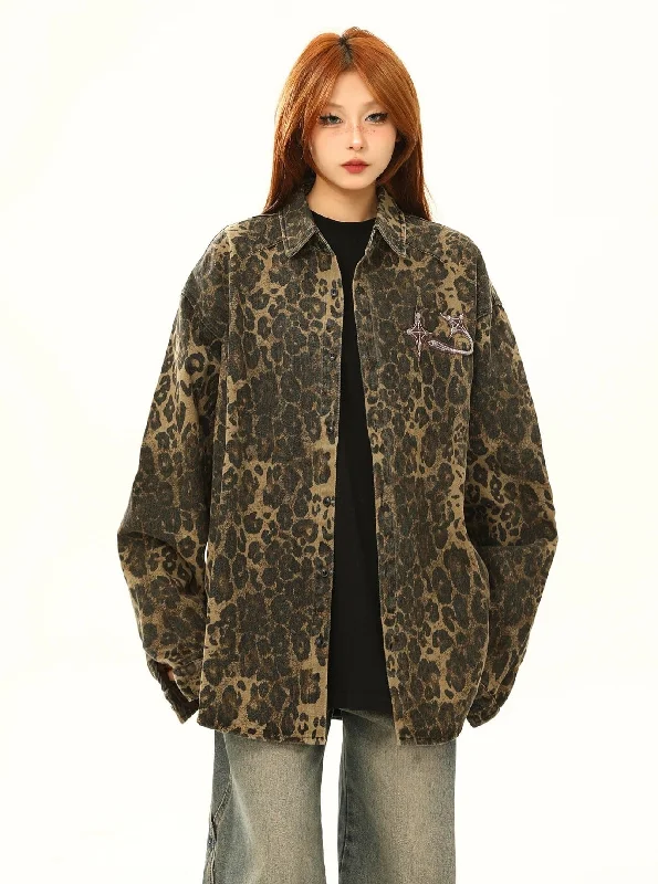 Leopard Print Oversized Denim Jacket Satin Fabric Silk Fabric Chiffon Fabric