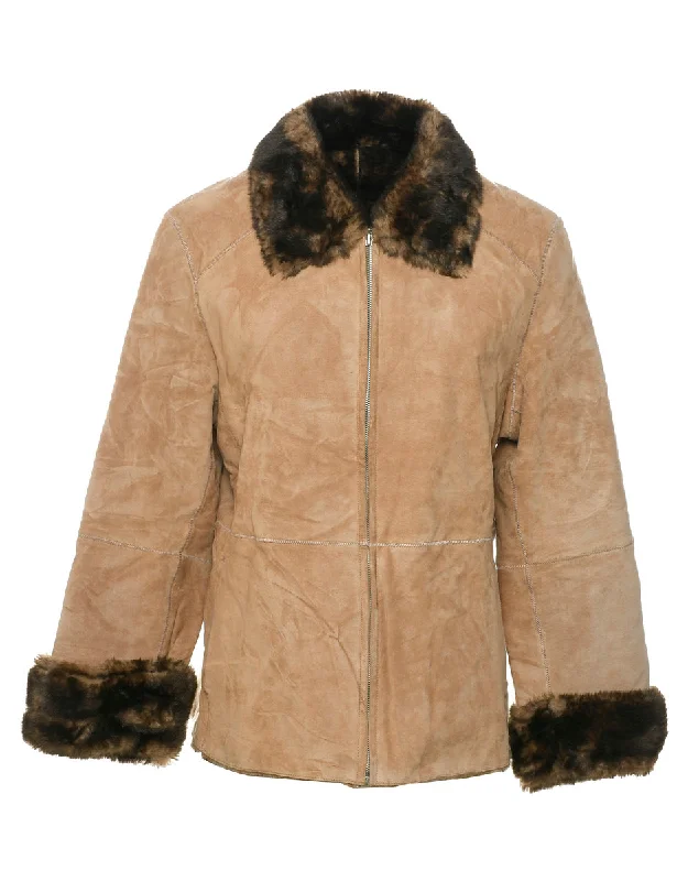 Light Brown Faux Shearling Suede Jacket - L Faux Fur Fabric Real Fur Fabric Shearling Fabric